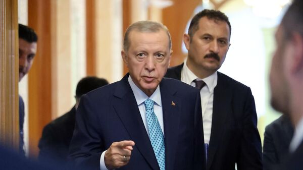 Президент Турецкой Республики Реджеп Тайип Эрдоган после встречи с президентом РФ Владимиром Путиным - Sputnik Азербайджан