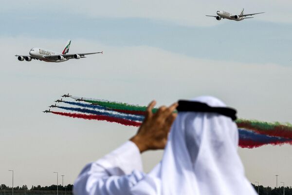 Зритель смотрит на авиашоу в Dubai World Central, Дубай. - Sputnik Азербайджан