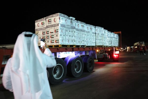 Официальный представитель Эмиратов фотографирует коробки с гуманитарной помощью, перевозимые после приземления в египетском международном аэропорту Ариш. - Sputnik Азербайджан
