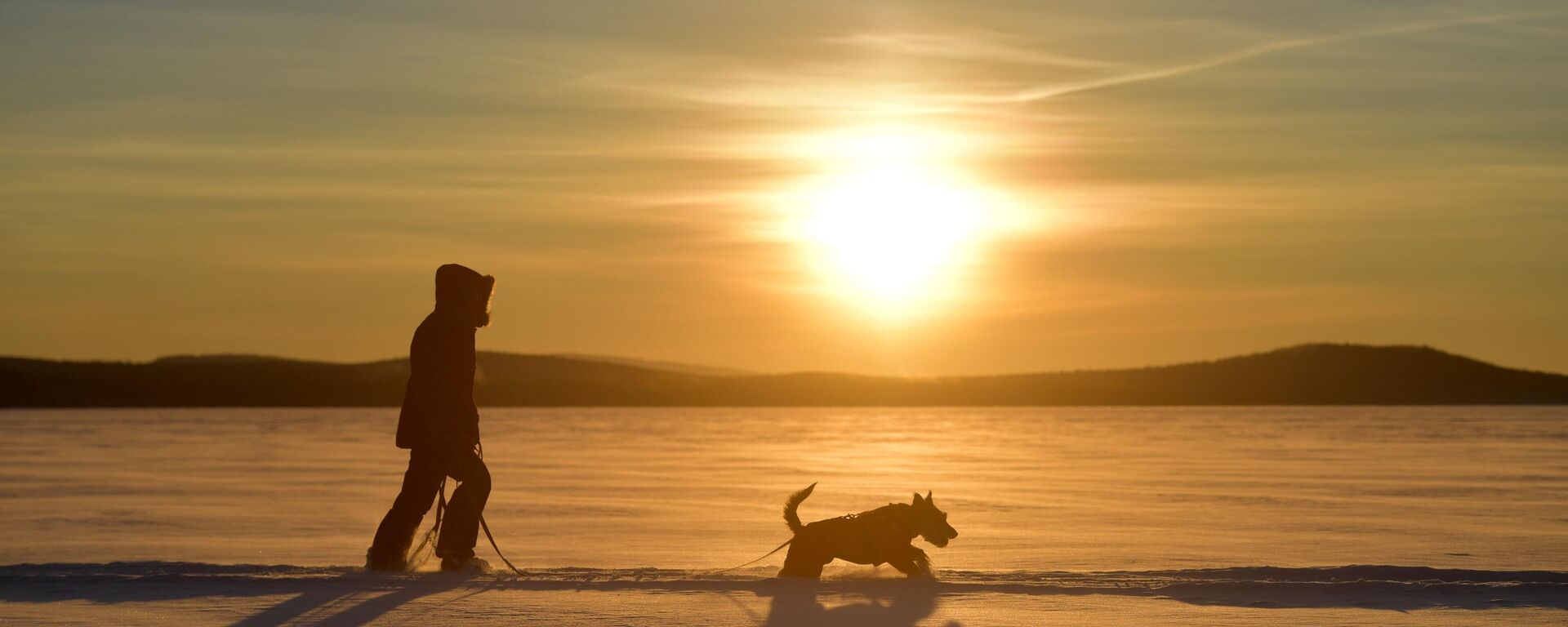 Женщина гуляет с собакой на озере Таватуй в Свердловской области - Sputnik Азербайджан, 1920, 03.03.2024