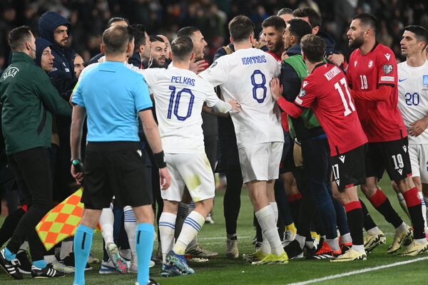 Gürcüstan və Yunanıstan yığmaları arasında keçirilən oyunda futbolçular arasında dava. - Sputnik Azərbaycan