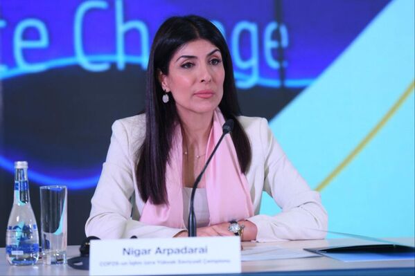 Лидер высокого уровня ООН по климату на COP29 Нигяр Арпадараи на первой пресс-конференции в рамках председательства Азербайджана в COP29. - Sputnik Азербайджан