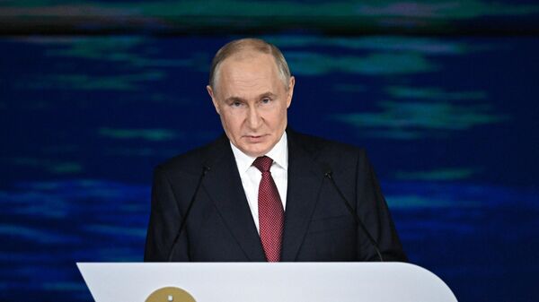 Президент РФ Владимир Путин на пленарном заседании XXVIII Петербургского международного экономического форума - Sputnik Азербайджан