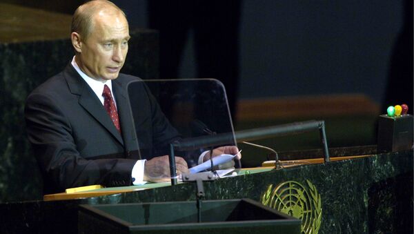В.Путин во время выступления на сессии Генассамблеи ООН - Sputnik Азербайджан