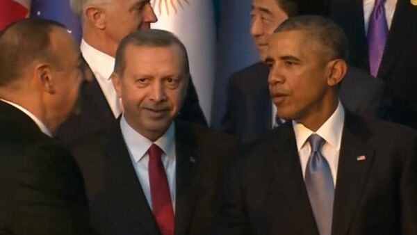 İlham Əliyev, Rəcəb Tayyib Ərdoğan, Barak Obama, G20-nin Antalya sammitində görüşərkən - Sputnik Азербайджан