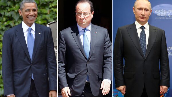 ABŞ prezidenti Barak Obama, Fransa prezidenti Fransua Olland və Rusiya prezidenti Vladimir Putin - Sputnik Azərbaycan