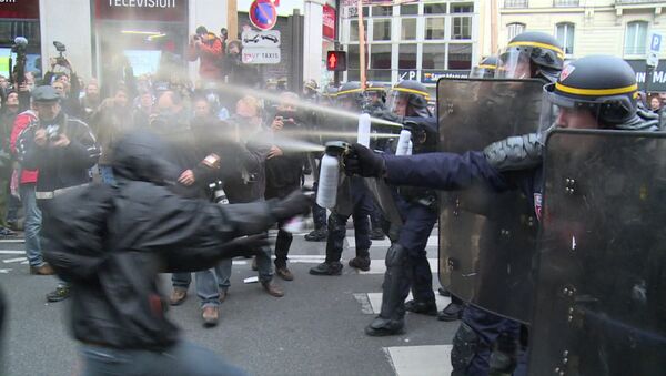 Полиция слезоточивым газом разогнала митингующих в защиту экологии в Париже - Sputnik Азербайджан