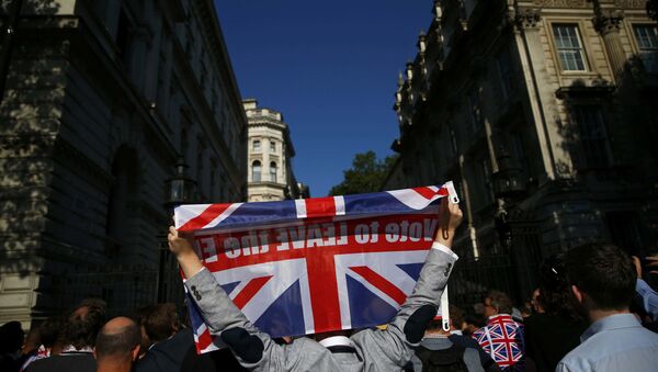 Житель Лондона держит в руках флаг Великобритании с надписью Проголосуй за выход из ЕС - Sputnik Азербайджан