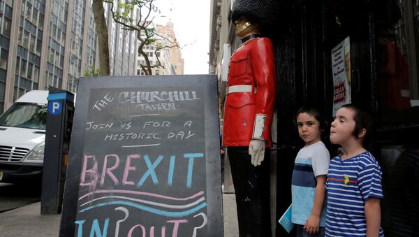 Дети у рекламной доски перед Таверной Черчилля в Лондоне - Sputnik Азербайджан