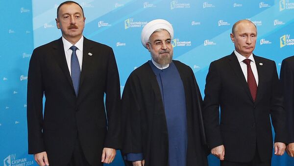 Ильхам Алиев, Хасан Рухани и Владимир Путин на IV саммите глав государств Прикаспийских стран. Астрахань, 29 сентября 2014 года - Sputnik Азербайджан