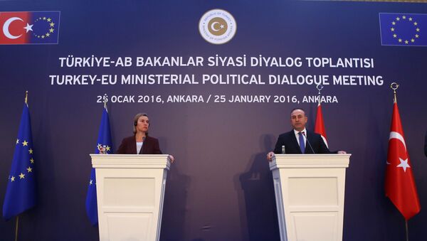 Встреча главы дипломатии ЕС Федерики Могерини с министром иностранных дел Турции Мевлютом Чавушоглу, фото из архива - Sputnik Азербайджан