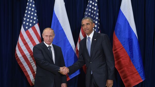 Встреча президентов России и США Владимира Путина и Барака Обамы на 70-й сессии Генеральной ассамблеи ООН, 28 сентября 2015 года - Sputnik Азербайджан