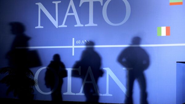 This April 2, 2009 file photo shows shadows cast on a wall decorated with the NATO logo and flags of NATO countries in Strasbourg, eastern France, before the start of the NATO summit which marked the organisation's 60th anniversary. - Sputnik Azərbaycan