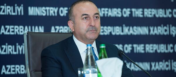Türkiyənin xarici işlər naziri Mövlud Çavuşoğlu həmkarı Elmar Məmmədyarovla görüşdən sonra keçirilən mətbuat konfransında - Sputnik Азербайджан