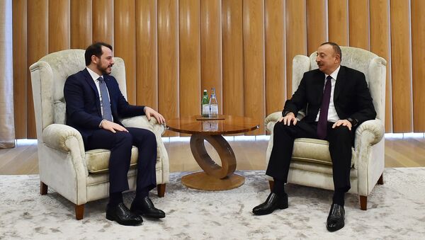Встреча президента Азербайджана Ильхама Алиева с министром энергетики и природных ресурсов Турции Бератом Албайраком - Sputnik Азербайджан