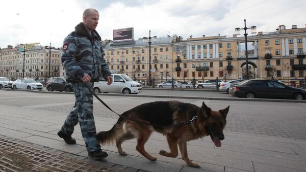 Сотрудник правоохранительных органов с собакой на улице в Санкт-Петербурге в связи с усилением мер безопасности - Sputnik Азербайджан