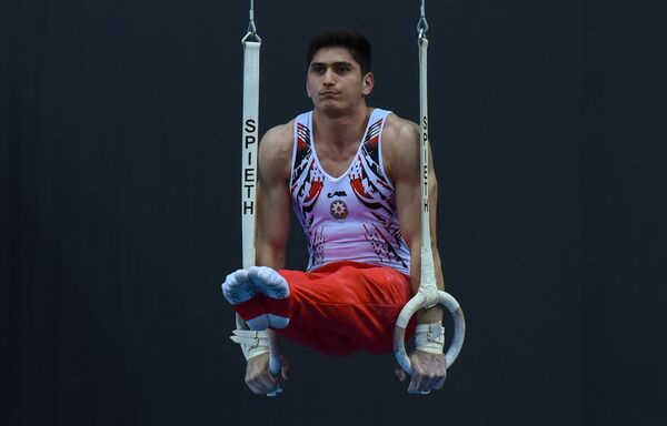 Финалы соревнований по спортивной гимнастике среди мужчин и женщин в вольных упражнениях, упражнениях на брусьях и кольцах, в опорном прыжке и на брусьях - Sputnik Азербайджан