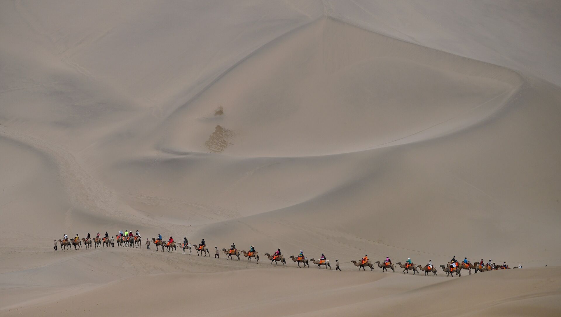 Люди ходят с верблюдами по пустыне в Дуньхуане, Китай, фото из архива - Sputnik Азербайджан, 1920, 23.06.2021