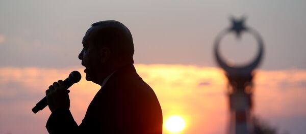 Президент Турции Реджеп Тайип Эрдоган выступает на годовщине неудавшегося государственного переворота в Турции 15 июля 2016 года, Президентский дворец, Анкара, 16 июля 2017 года - Sputnik Азербайджан