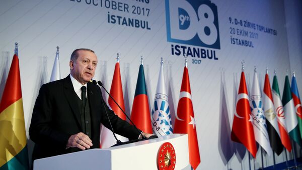 Президент Турции Тайип Эрдоган выступает на церемонии открытия саммита D-8 в Стамбуле, Турция 20 октября 2017 года - Sputnik Азербайджан