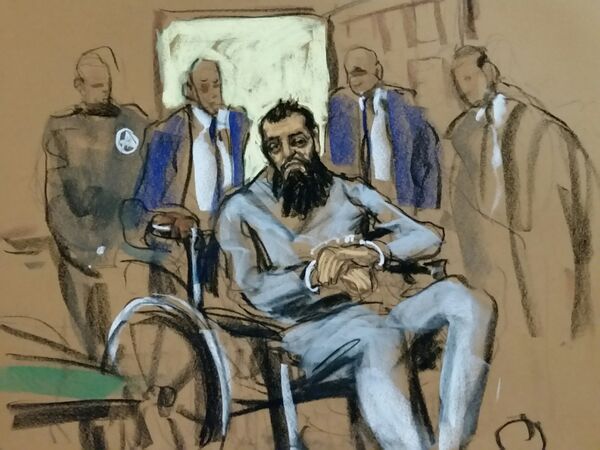 Подозреваемый в совершении теракта в Нью-Йорке Сейфулло Саипов на рисунке из зала суда, 1 ноября 2017 года Подозреваемый в совершении теракта в Нью-Йорке Сейфулло Саипов на рисунке из зала суда, 1 ноября 2017 года - Sputnik Азербайджан