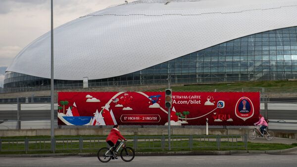 Баннер с символикой Кубка Конфедераций по футболу 2017 рядом с Олимпийским парком в Сочи - Sputnik Азербайджан