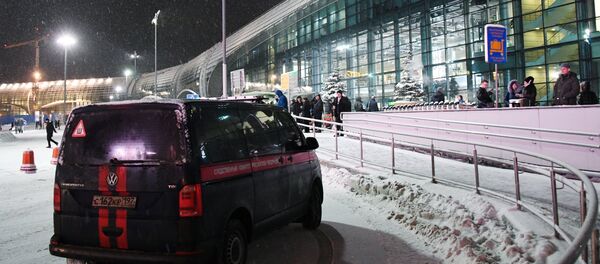 Автомобиль Следственного комитета в аэропорту Домодедово. В Московской области потерпел крушение самолет Ан-148 авиакомпании Саратовские авиалинии, вылетевший из Домодедово в Орск - Sputnik Азербайджан
