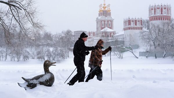 Прохожие во время снегопада у Новодевичьего монастыря в Москве - Sputnik Azərbaycan