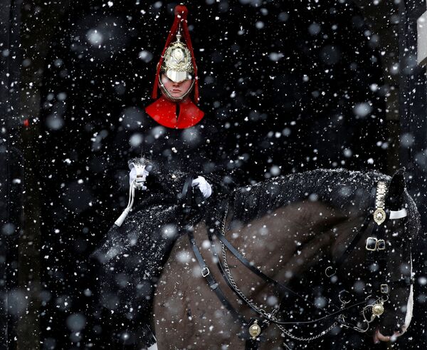 Гвардеец во время снегопада на Королевском Конном параде в Лондоне - Sputnik Азербайджан