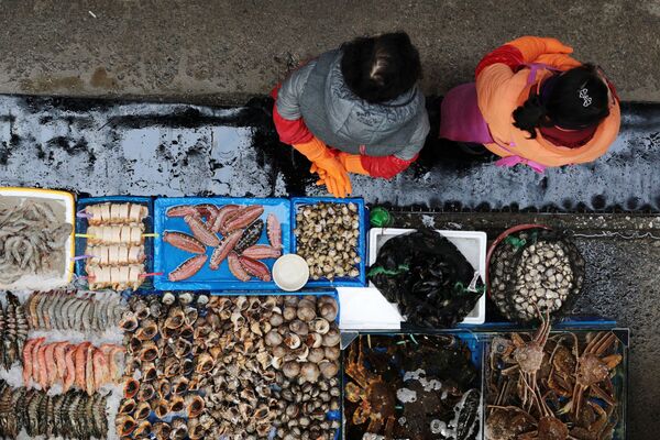 Прилавок с рыбой на рыбном рынке Норянджин в Сеуле - Sputnik Азербайджан
