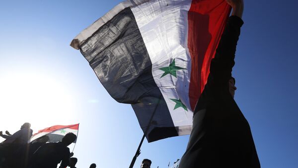 Сирийцы протестуют против воздушных ударов США на улице в Дамаске - Sputnik Азербайджан