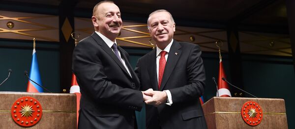 Президенты Азербайджана и Турции Ильхам Алиев и Реджеп Тайип Эрдоган в ходе пресс-конференции по итогам встречи Президенты Азербайджана и Турции Ильхам Алиев и Реджеп Тайип Эрдоган в ходе пресс-конференции по итогам встречи - Sputnik Азербайджан