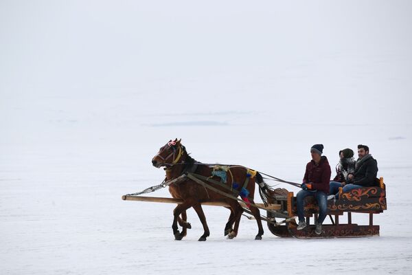 Конная упряжь едет по замерзшему озеру Чилдыр в провинции Карс, Турция - Sputnik Азербайджан