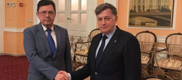 Временный поверенный в делах РФ в Азербайджанской Республике Олег Мурашев (слева) и председатель ЗС СПб Вячеслав Макаров в ходе встречи в Баку Временный поверенный в делах РФ в Азербайджанской Республике Олег Мурашев (слева) и председатель ЗС СПб Вячеслав Макаров в ходе встречи в Баку - Sputnik Азербайджан