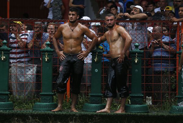 Участники масляных боев на финале соревнований в турецком городе Эдирне - Sputnik Азербайджан