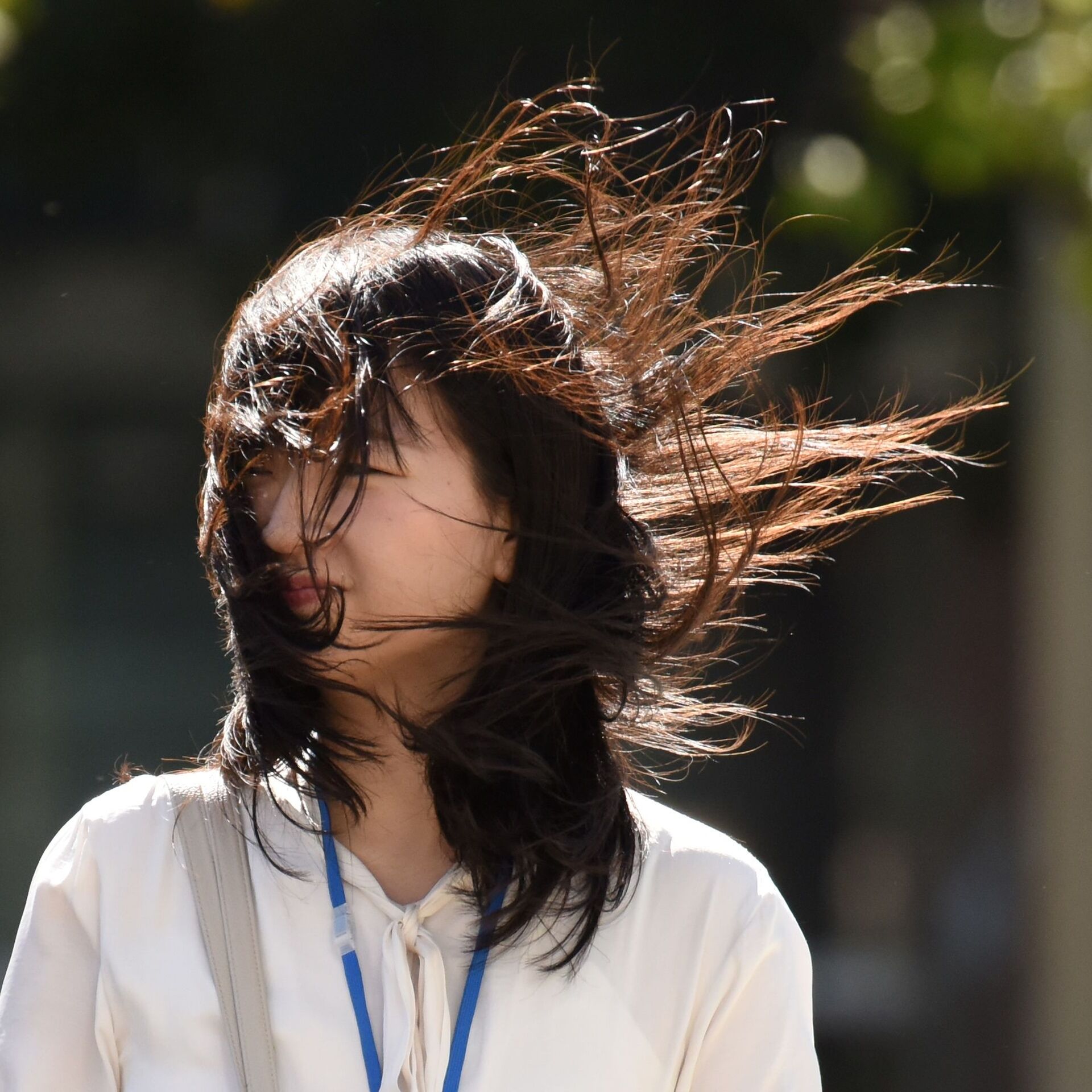 Сегодня был сильный. Женщина на ветру. Климат Японии. Тайфун ветер. Женщина из Японии.