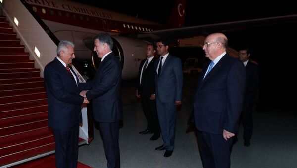 Председатель Великого Национального Собрания Турции Бинали Йылдырым в Международном аэропорту Гейдар Алиев в Баку, 28 августа 2018 года - Sputnik Азербайджан