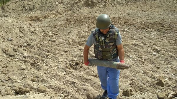 Сотрудник ANAMA на месте обезвреживания мины - Sputnik Азербайджан