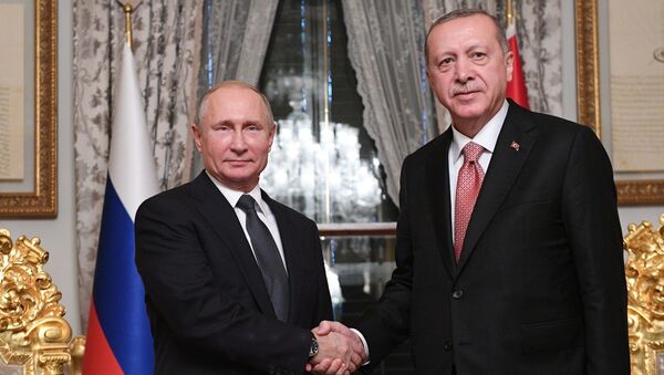 Президент России Владимир Путин и президент Турции Реджеп Тайип Эрдоган во время встречи в Стамбуле - Sputnik Азербайджан