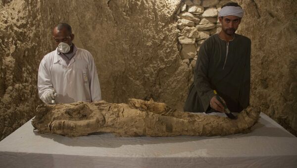 Египетские рабочие раскопок восстанавливают мумию в недавно обнаруженной гробнице на Западном берегу Луксора, Египет - Sputnik Azərbaycan