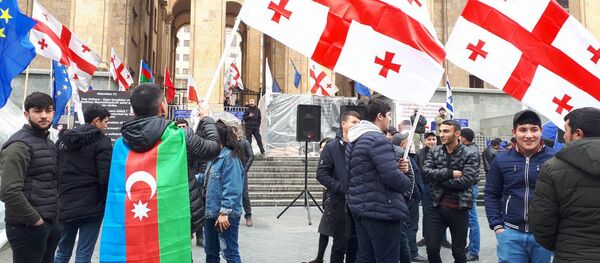 Акция протеста перед зданием парламента Грузии против установления бюста карабахскому сепаратисту Михаилу Авагяну Акция протеста перед зданием парламента Грузии против установления бюста карабахскому сепаратисту Михаилу Авагяну - Sputnik Азербайджан