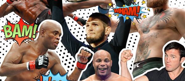 Борцы UFC (слева направо) Джон Джонс, Андерсон Сильва, Хабиб Нурмагомедов, Конор Макгрегор, Даниель Кормье, Чейл Соннен Борцы UFC (слева направо) Джон Джонс, Андерсон Сильва, Хабиб Нурмагомедов, Конор Макгрегор, Даниель Кормье, Чейл Соннен - Sputnik Азербайджан