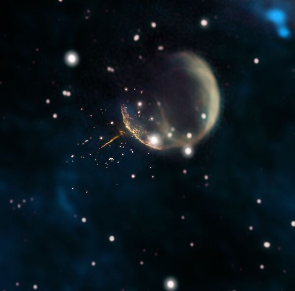 Остаток сверхновой CTB 1, напоминающий пузырь, и прямой, светящийся след от пульсара J0002+6216 - Sputnik Азербайджан