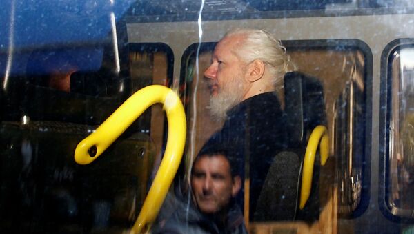 Основатель WikiLeaks Джулиан Ассанж в полицейском фургоне после того, как британская полиция арестовала его в посольстве Эквадора в Лондоне - Sputnik Azərbaycan