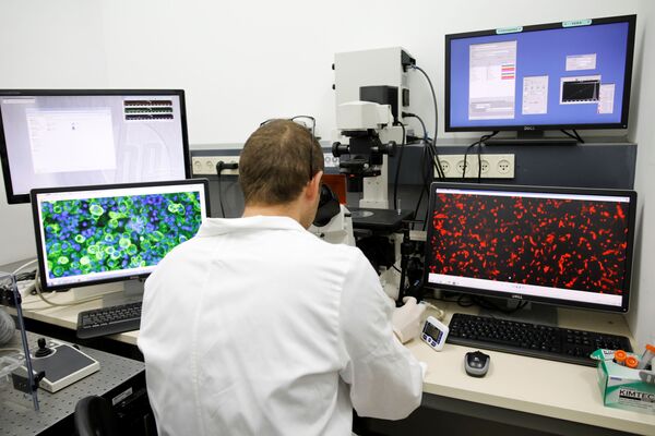Лаборант смотрит в микроскоп во время демонстрации первого в мире живого сердца, напечатанного на 3D-принтере, Тель-Авив, Израиль - Sputnik Азербайджан