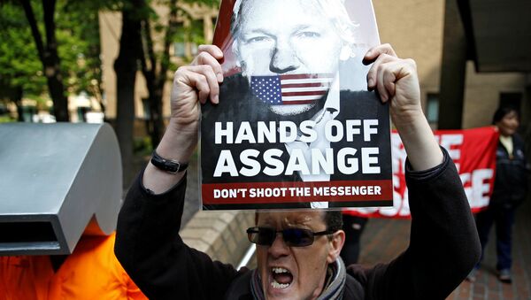 Люди протестуют возле суда где будет приговорен основатель WikiLeaks Джулиан Ассанж в Лондоне, Великобритания - Sputnik Азербайджан