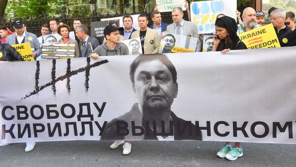 Участники акции в поддержку Кирилла Вышинского у здания посольства Украины в Москве - Sputnik Азербайджан