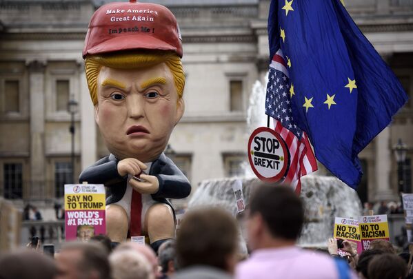 Участники акции протеста на Трафальгарской площади в Лондоне против официального визита президента США Дональда Трампа в Великобританию - Sputnik Азербайджан