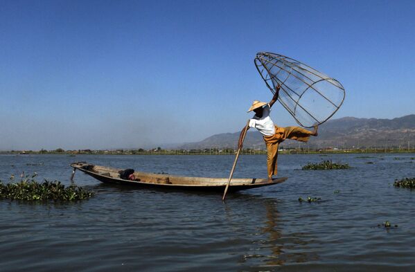 Рыбак из мьянманской провинции Иннта демонстрирует приемы ловли рыбы на озере Инле - Sputnik Азербайджан