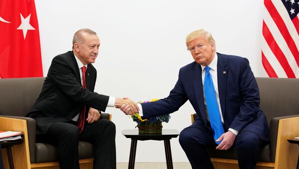 Президент США Дональд Трамп во время двусторонней встречи с президентом Турции Тайипом Эрдоганом во время саммита лидеров G20 в Осаке, Япония - Sputnik Azərbaycan
